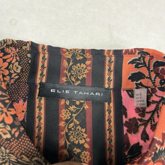 Elie Tahari Paisley Floral Blouse Small Button Front Bohemian Pleated Back Top - Picture 4 of 10